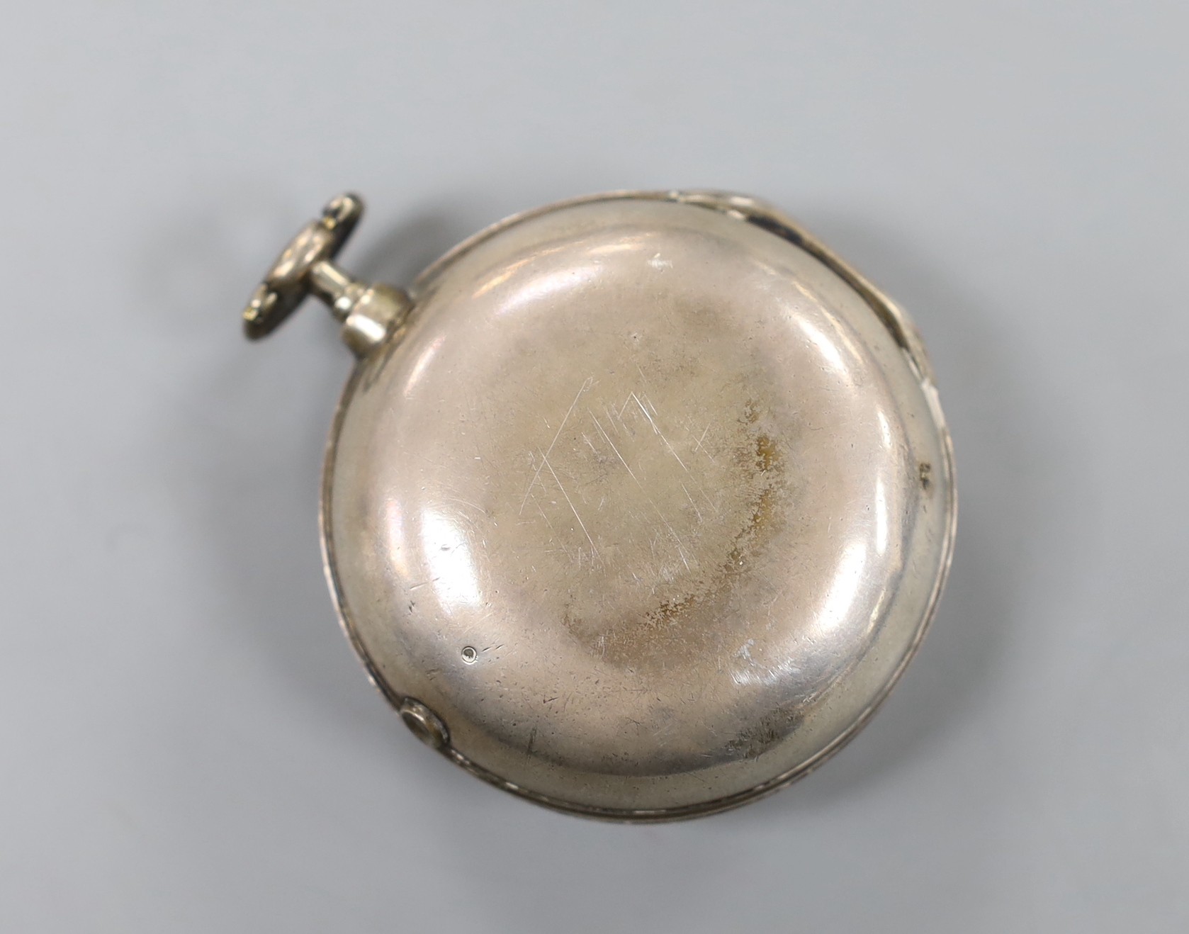 A George III silver pair cased keywind verge pocket watch, by J. Radford & Sons, Leeds, with Roman dial.